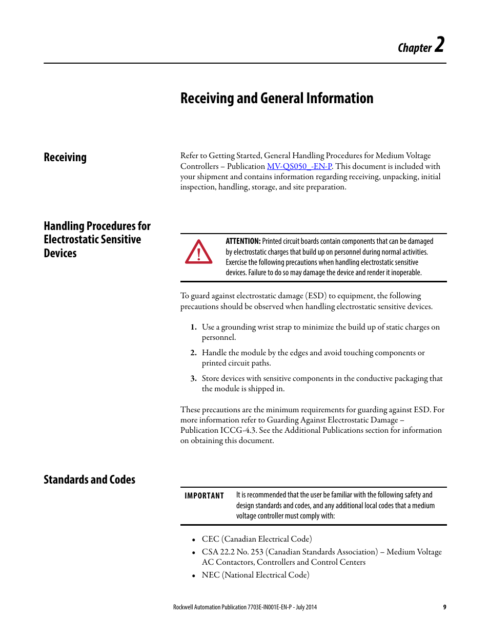 2 - receiving and general information, Receiving, Standards and codes | Chapter 2, Receiving and general information, Chapter | Rockwell Automation 7703E Medium Voltage SMC OEM Components - 10-15 kV User Manual | Page 9 / 58