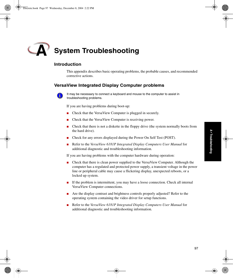 A: system troubleshooting, Introduction, Versaview integrated display computer problems | System troubleshooting | Rockwell Automation Discrete Machine Performance Solution User Manual | Page 103 / 106