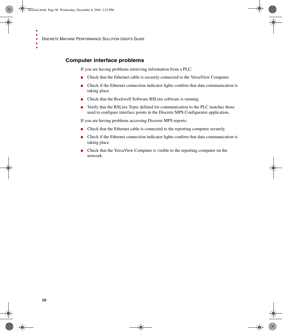 Computer interface problems | Rockwell Automation Discrete Machine Performance Solution User Manual | Page 104 / 106