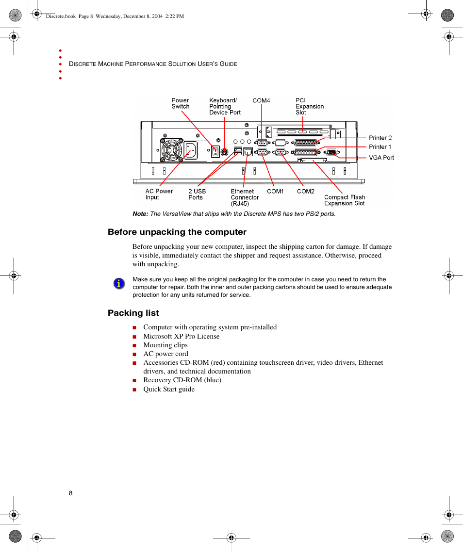 Before unpacking the computer, Packing list, Before unpacking the computer packing list | Rockwell Automation Discrete Machine Performance Solution User Manual | Page 14 / 106