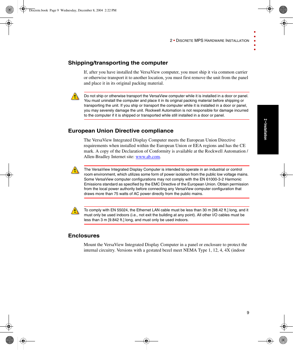 Shipping/transporting the computer, European union directive compliance, Enclosures | Rockwell Automation Discrete Machine Performance Solution User Manual | Page 15 / 106