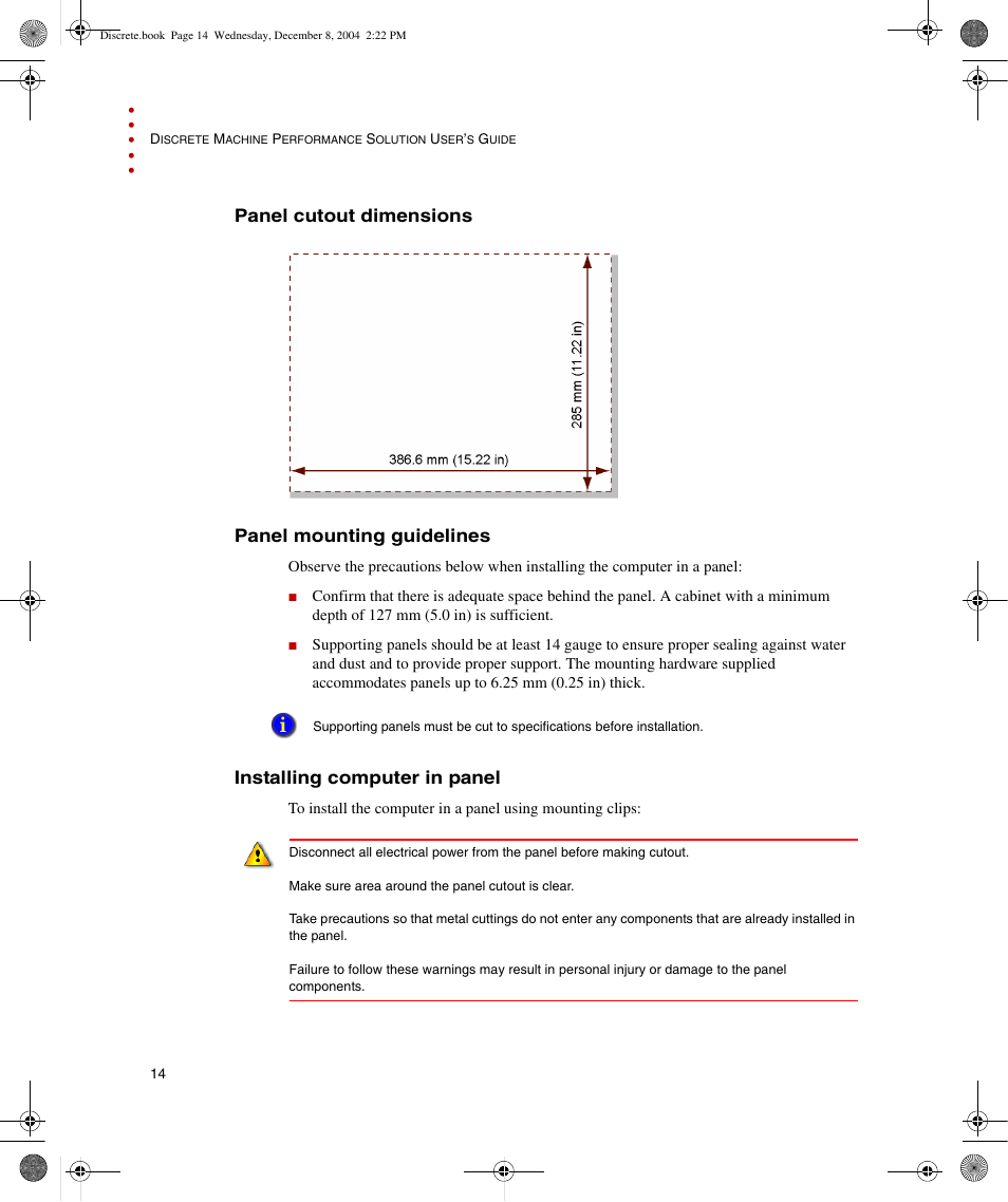 Panel cutout dimensions, Panel mounting guidelines, Installing computer in panel | Panel cutout dimensions panel mounting guidelines | Rockwell Automation Discrete Machine Performance Solution User Manual | Page 20 / 106