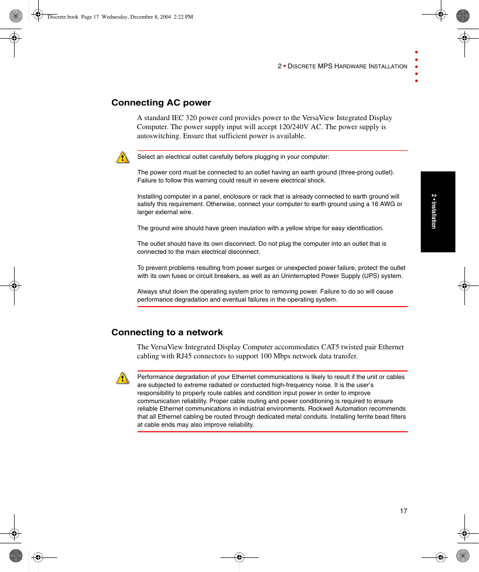 Connecting ac power, Connecting to a network, Connecting ac power connecting to a network | Rockwell Automation Discrete Machine Performance Solution User Manual | Page 23 / 106