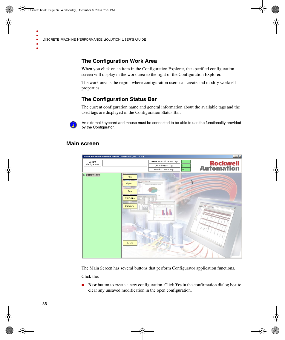 The configuration work area, The configuration status bar, Main screen | Rockwell Automation Discrete Machine Performance Solution User Manual | Page 42 / 106