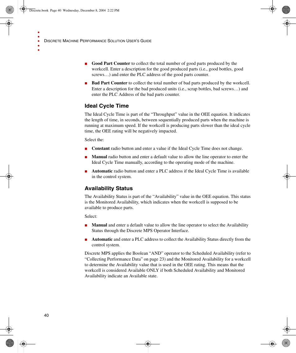 Ideal cycle time, Availability status, Ideal cycle time availability status | Rockwell Automation Discrete Machine Performance Solution User Manual | Page 46 / 106