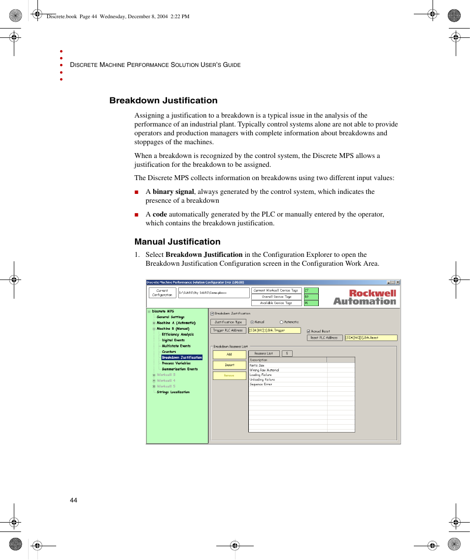 Breakdown justification, Manual justification | Rockwell Automation Discrete Machine Performance Solution User Manual | Page 50 / 106