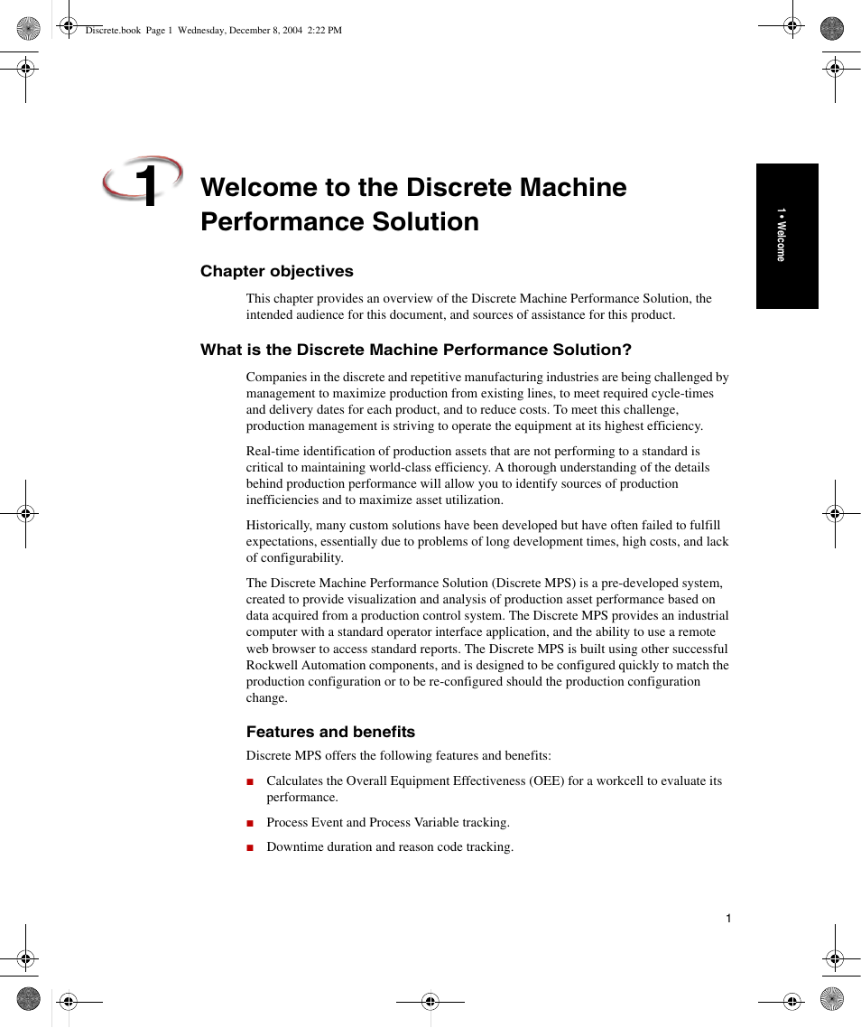 Chapter objectives, What is the discrete machine performance solution, Features and benefits | Rockwell Automation Discrete Machine Performance Solution User Manual | Page 7 / 106