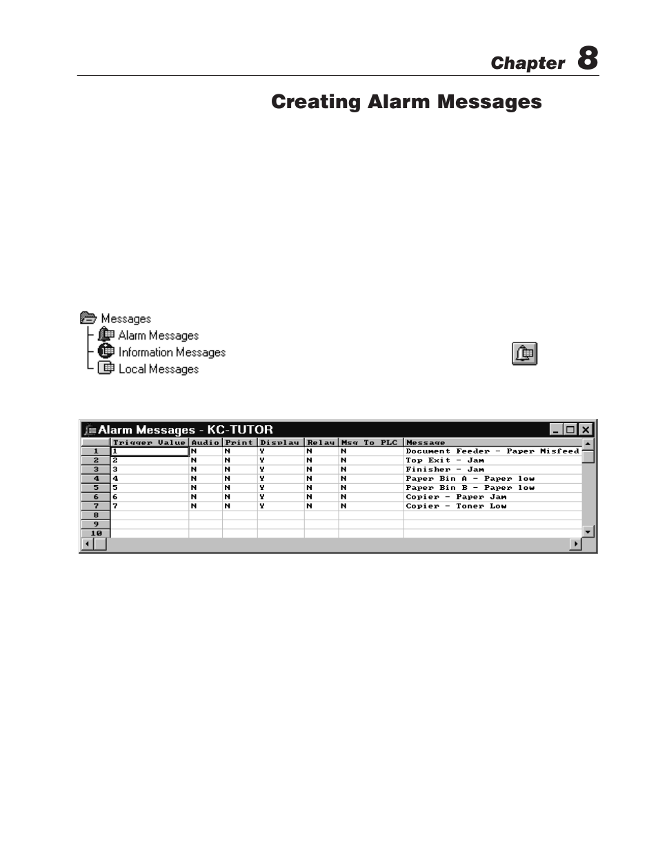 8 - creating alarm messages, Adding alarm messages, Creating alarm messages | Chapter | Rockwell Automation 2711E-ND1 PanelBuilder 1400E Configurator Software Getting Started User Manual | Page 104 / 114