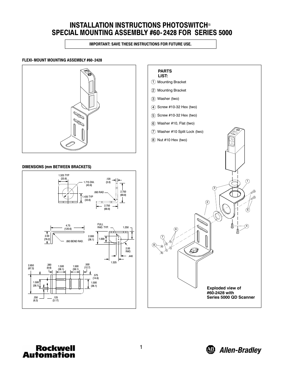 Rockwell Automation 60-2428 Special Mounting Assembly for Series 5000 User Manual | 2 pages