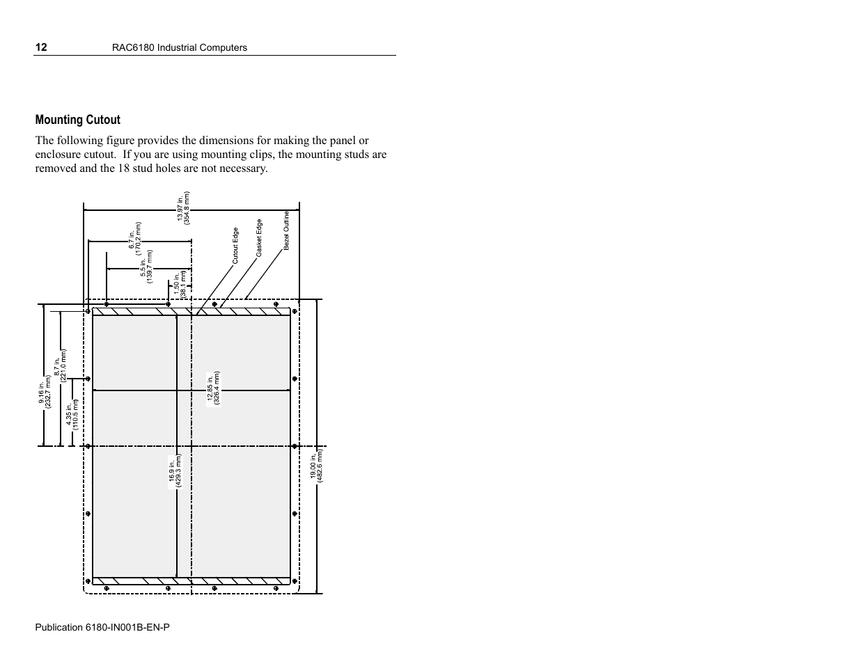 Mounting cutout | Rockwell Automation 6180 RAC6180 Industrial Computers Installation Instructions User Manual | Page 12 / 32