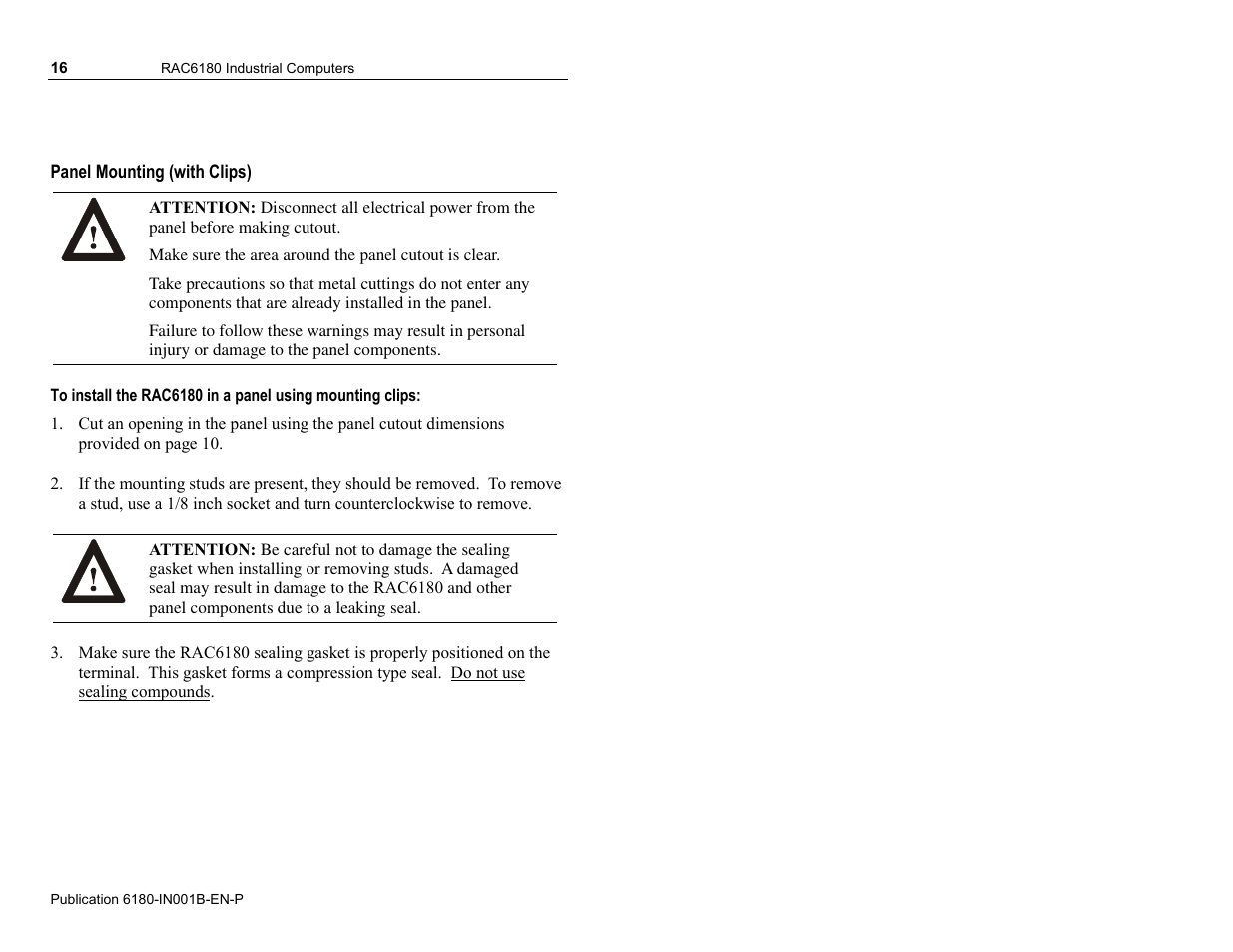 Panel mounting (with clips) | Rockwell Automation 6180 RAC6180 Industrial Computers Installation Instructions User Manual | Page 16 / 32