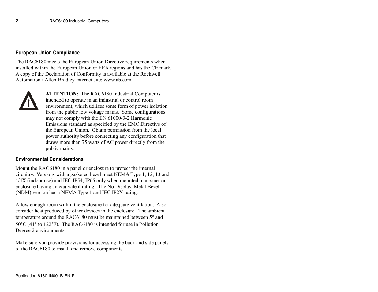 European union compliance, Environmental considerations | Rockwell Automation 6180 RAC6180 Industrial Computers Installation Instructions User Manual | Page 2 / 32
