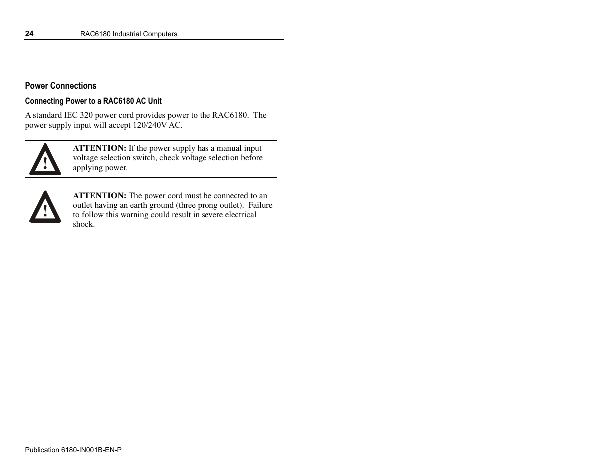 Power connections | Rockwell Automation 6180 RAC6180 Industrial Computers Installation Instructions User Manual | Page 24 / 32