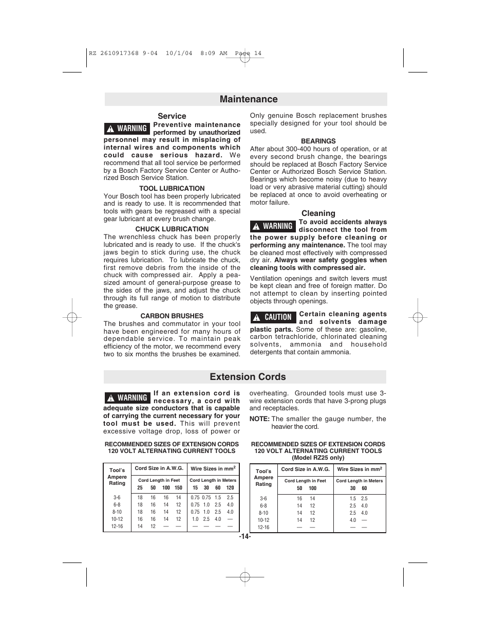 Extension cords, Maintenance, Warning | Service, Cleaning, Caution | Bosch RZ25 User Manual | Page 14 / 44