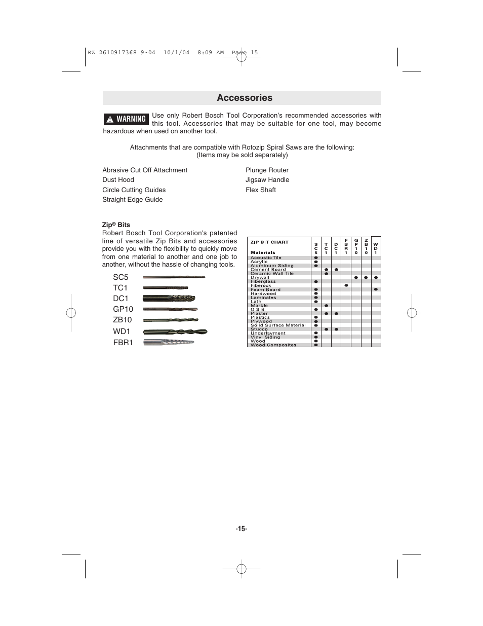 Accessories | Bosch RZ25 User Manual | Page 15 / 44