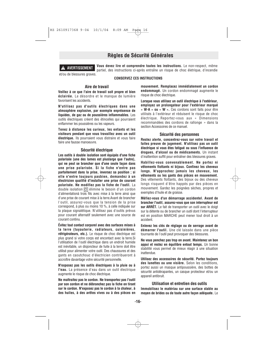 Règles de sécurité générales | Bosch RZ25 User Manual | Page 16 / 44