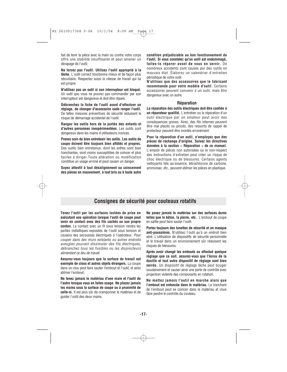 Consignes de sécurité pour couteaux rotatifs | Bosch RZ25 User Manual | Page 17 / 44