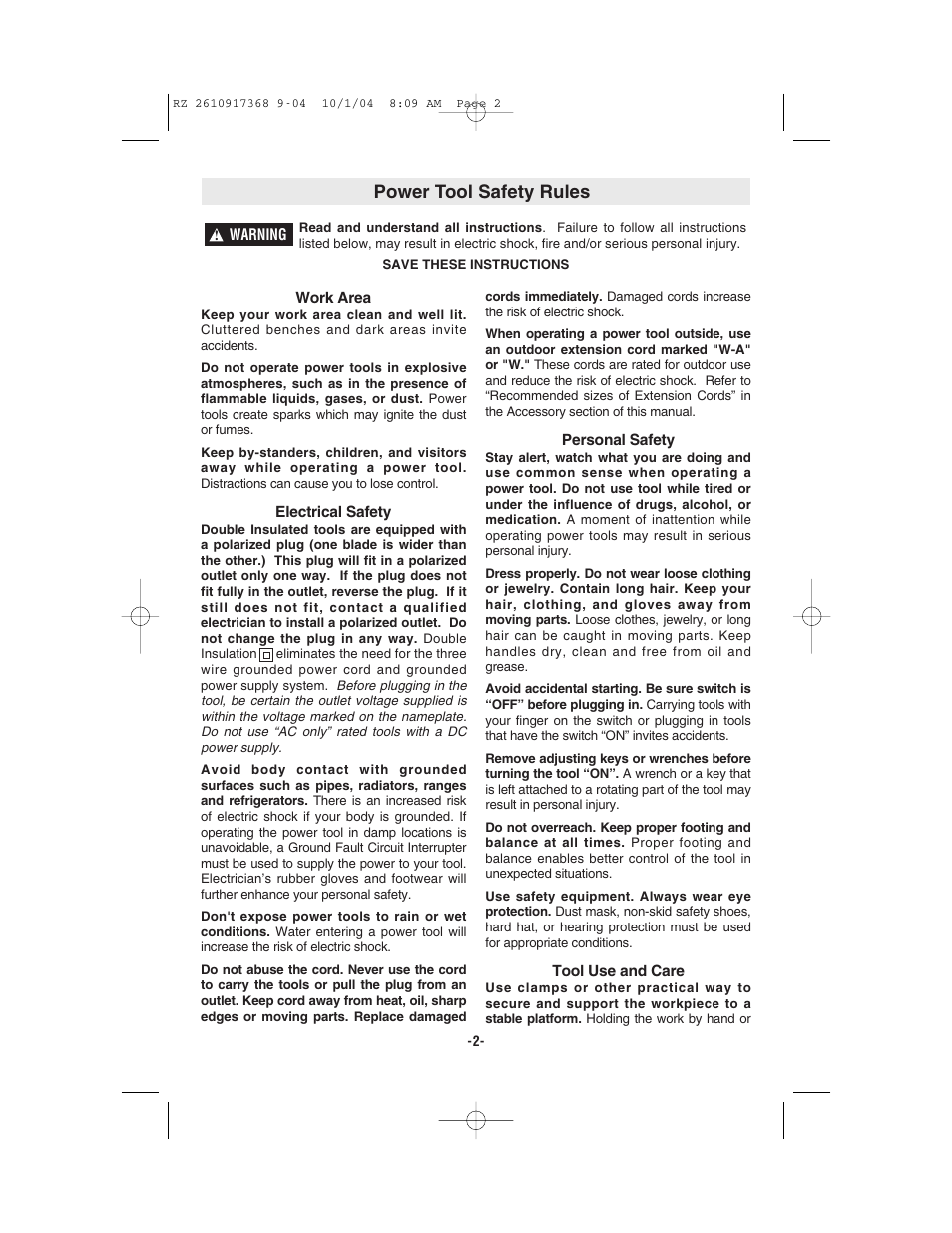 Power tool safety rules | Bosch RZ25 User Manual | Page 2 / 44