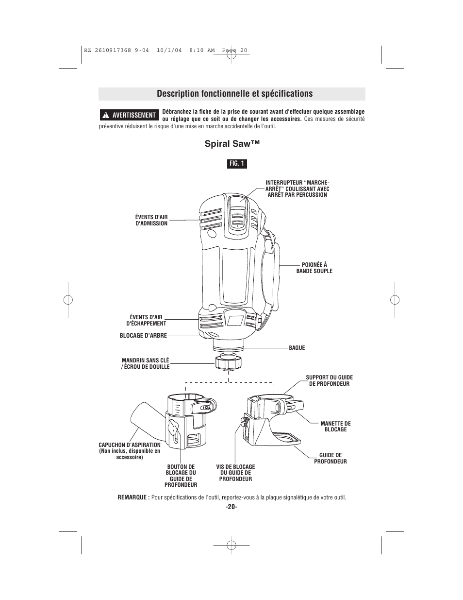 Description fonctionnelle et spécifications, Spiral saw | Bosch RZ25 User Manual | Page 20 / 44