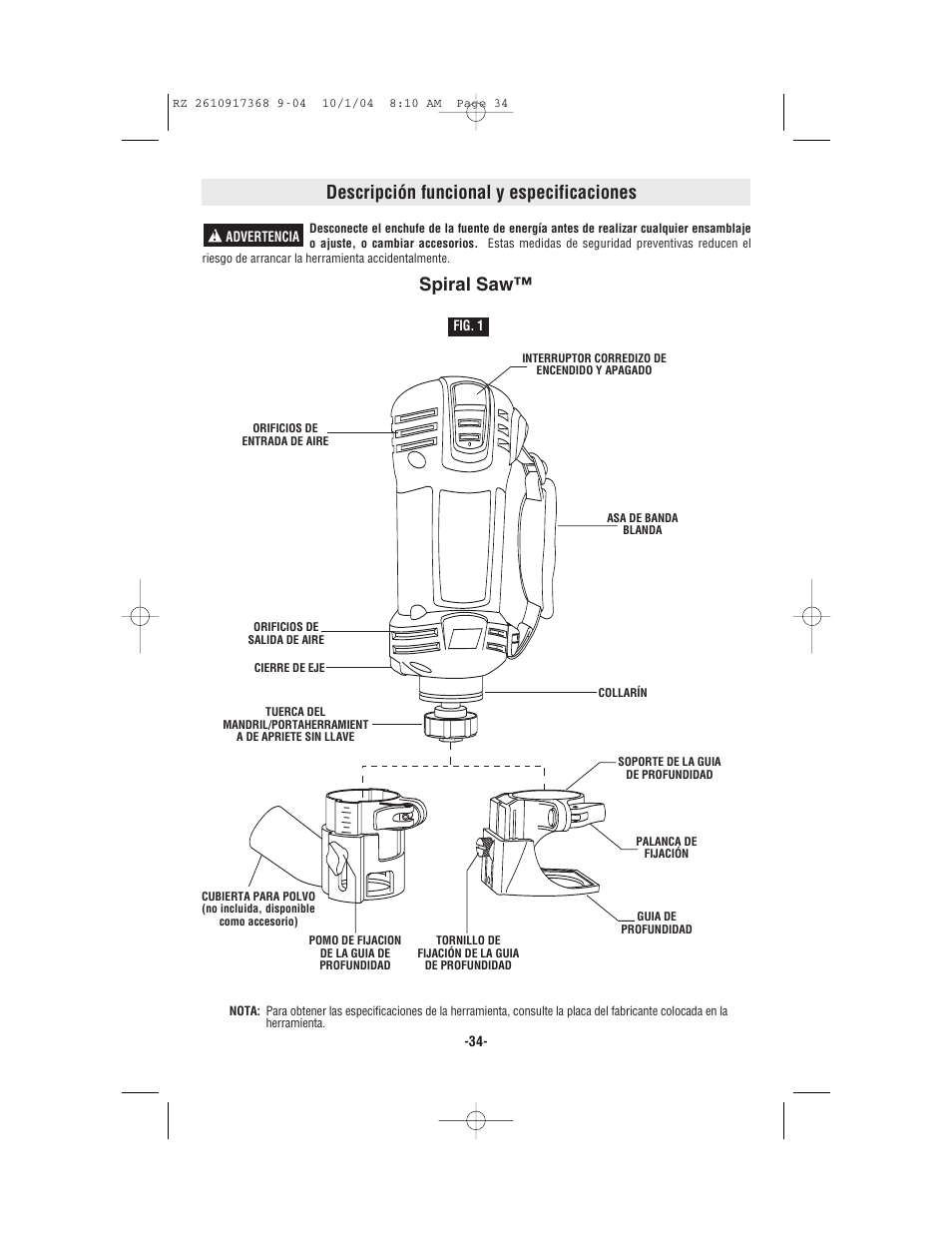 Descripción funcional y especificaciones, Spiral saw | Bosch RZ25 User Manual | Page 34 / 44