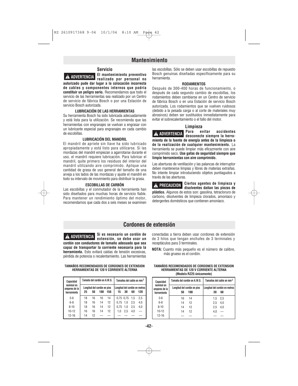 Cordones de extensión, Mantenimiento | Bosch RZ25 User Manual | Page 42 / 44