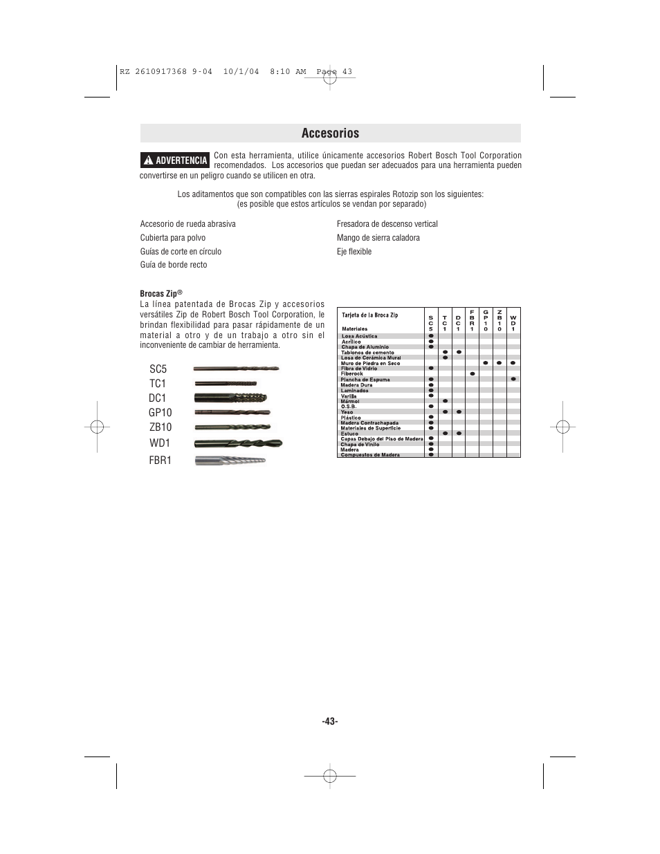 Accesorios | Bosch RZ25 User Manual | Page 43 / 44