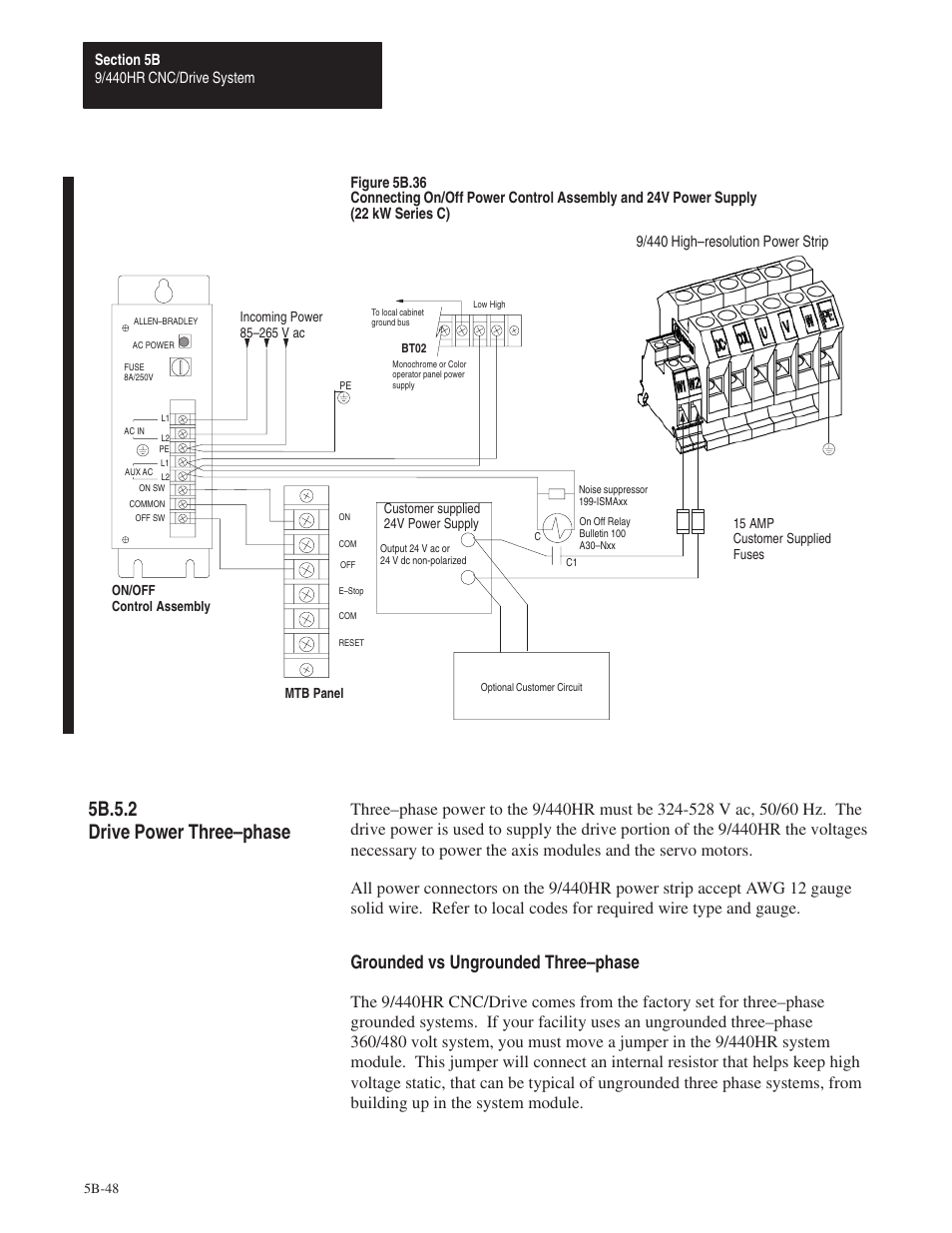 5b.5.2, 5b.5.2 drive power three–phase, Grounded vs ungrounded three–phase | 9/440 high–resolution power strip | Rockwell Automation 8520 9/Series Hardware TAB 5 User Manual | Page 122 / 150