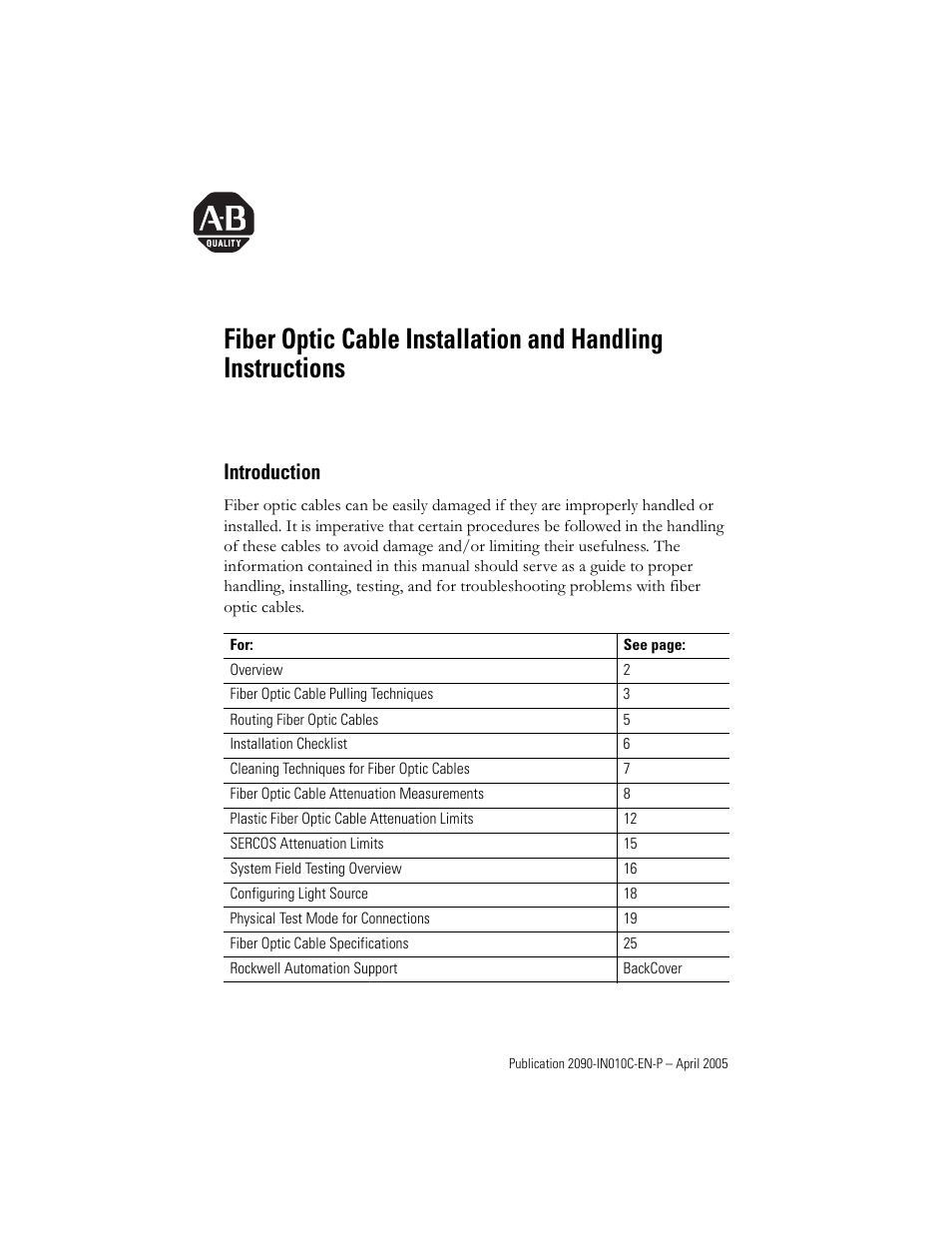 Rockwell Automation 2090-xxx Fiber Optic Cable Installation and Handling Instructions User Manual | 28 pages