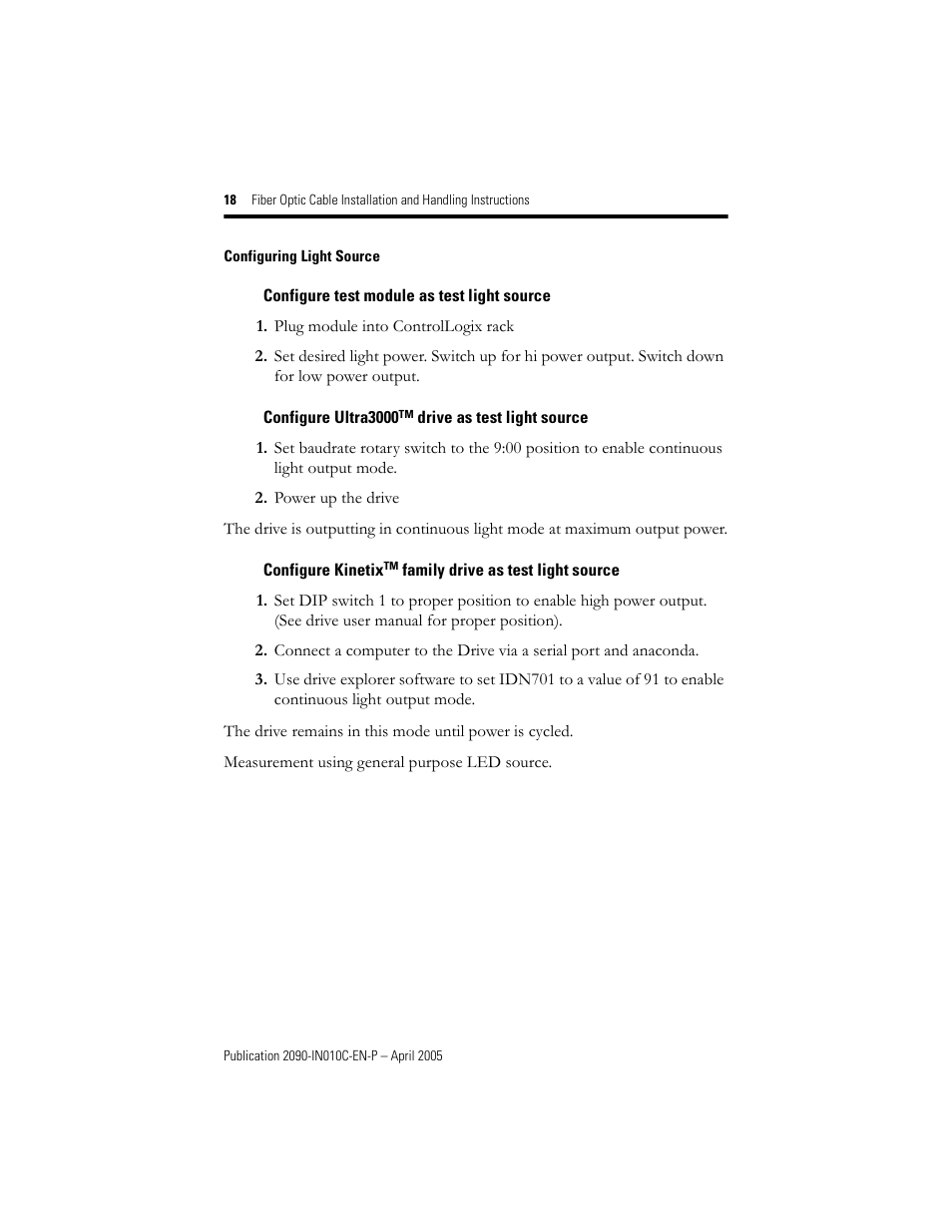 Configuring light source, Configure test module as test light source, Configure ultra3000tm drive as test light source | Rockwell Automation 2090-xxx Fiber Optic Cable Installation and Handling Instructions User Manual | Page 18 / 28