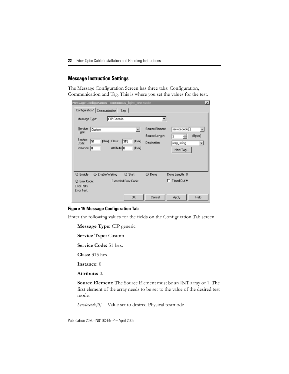 Message instruction settings | Rockwell Automation 2090-xxx Fiber Optic Cable Installation and Handling Instructions User Manual | Page 22 / 28