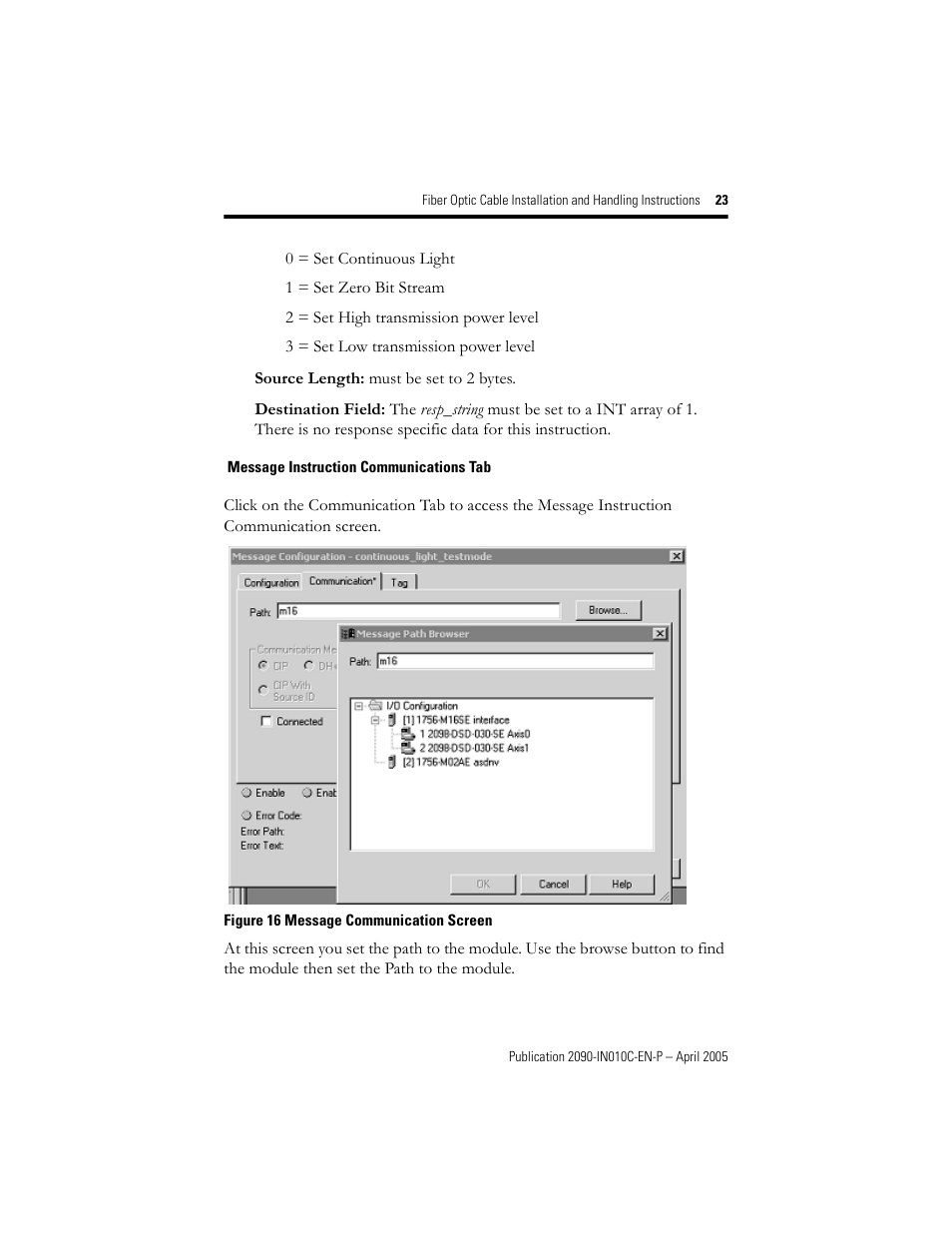 Message instruction communications tab | Rockwell Automation 2090-xxx Fiber Optic Cable Installation and Handling Instructions User Manual | Page 23 / 28