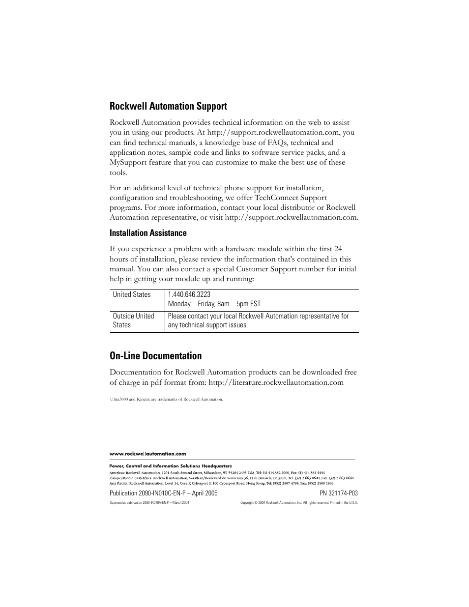 Technical support and documentation, Web sites, Integrated motion control | Literature library, Rockwell automation - home, Technical support, Rockwell automation support, Backcover, On-line documentation | Rockwell Automation 2090-xxx Fiber Optic Cable Installation and Handling Instructions User Manual | Page 28 / 28