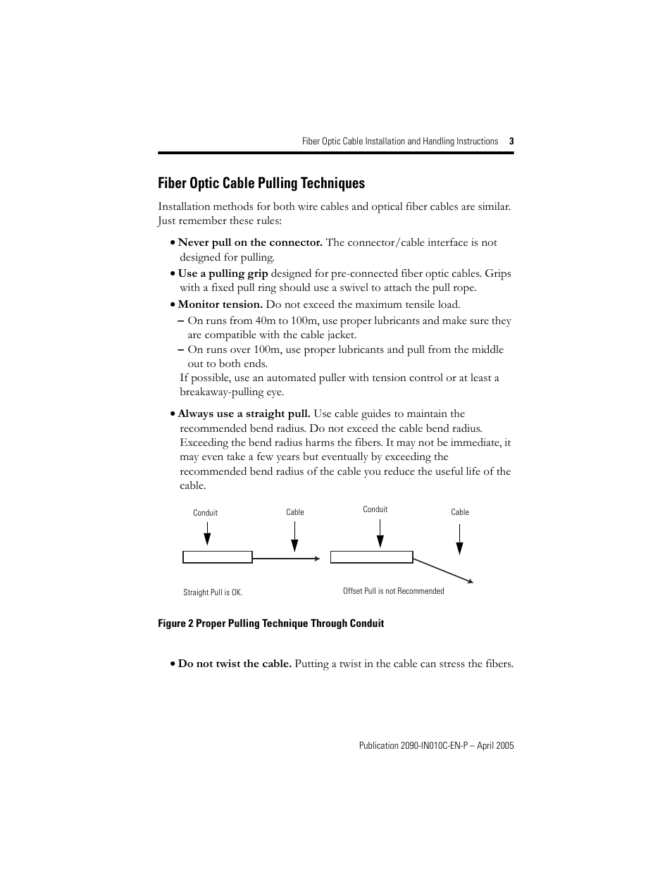 Fiber optic cable pulling techniques | Rockwell Automation 2090-xxx Fiber Optic Cable Installation and Handling Instructions User Manual | Page 3 / 28