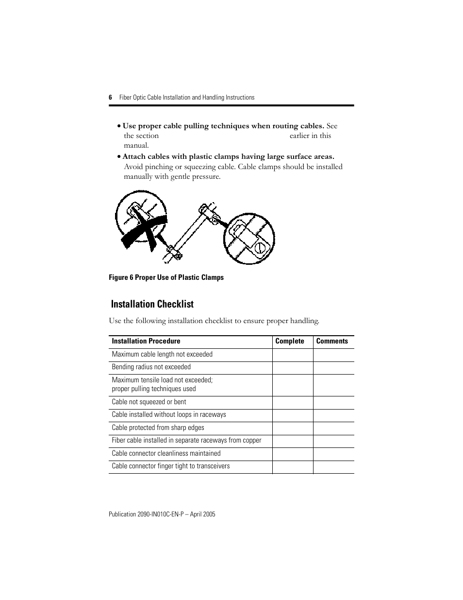 Installation checklist | Rockwell Automation 2090-xxx Fiber Optic Cable Installation and Handling Instructions User Manual | Page 6 / 28