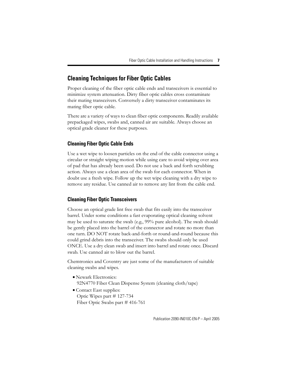 Cleaning techniques for fiber optic cables, Cleaning fiber optic cable ends, Cleaning fiber optic transceivers | Rockwell Automation 2090-xxx Fiber Optic Cable Installation and Handling Instructions User Manual | Page 7 / 28