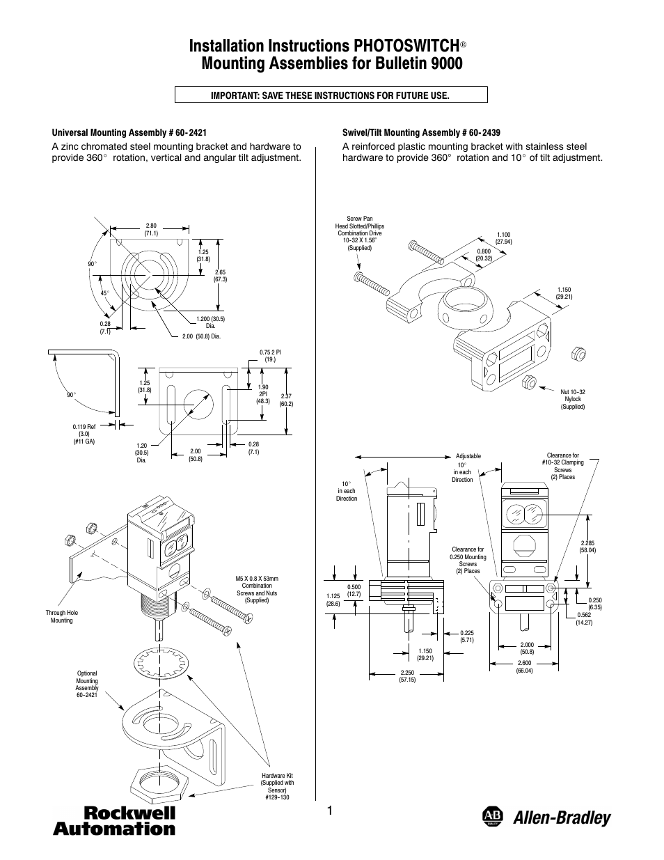 Rockwell Automation 60-2439 Mounting Assemblies for Bulletin 9000 PHOTOSWITCH User Manual | 2 pages