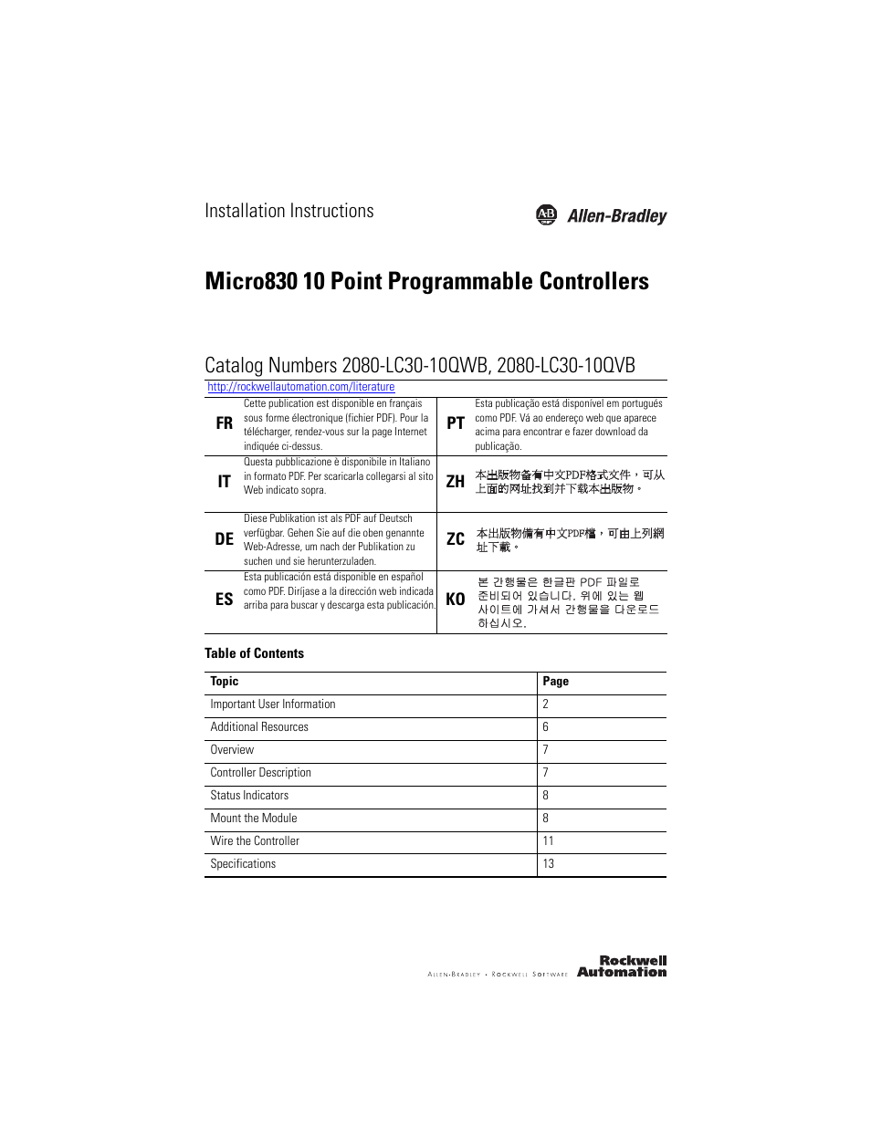 Rockwell Automation 2080-LC30-10QWB_10QVB Micro830 10 Point Programmable Controllers User Manual | 20 pages