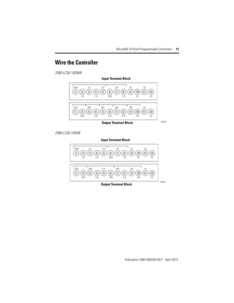 Wire the controller, Input terminal block output terminal block | Rockwell Automation 2080-LC30-10QWB_10QVB Micro830 10 Point Programmable Controllers User Manual | Page 11 / 20