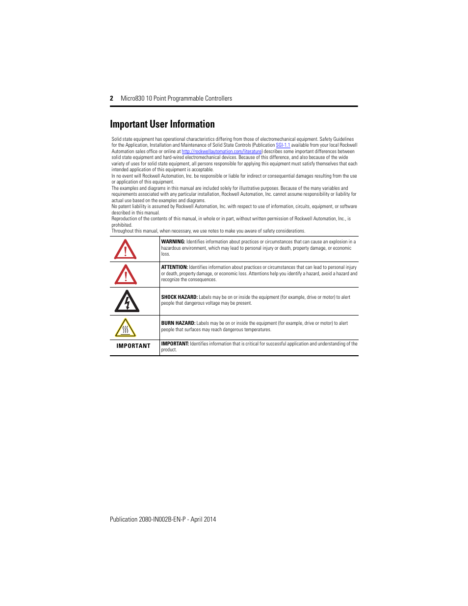 Important user information | Rockwell Automation 2080-LC30-10QWB_10QVB Micro830 10 Point Programmable Controllers User Manual | Page 2 / 20
