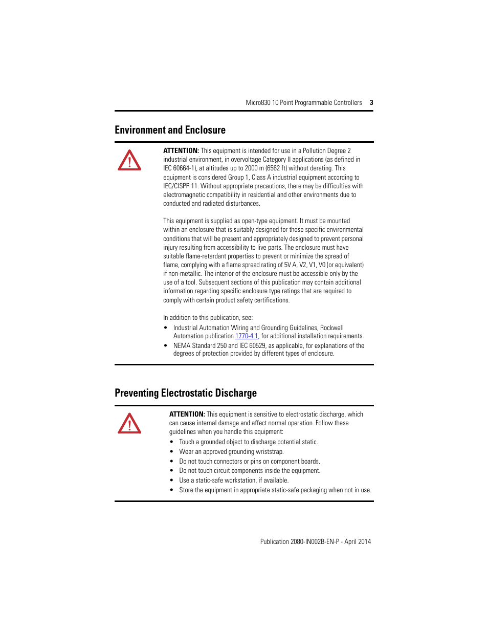 Environment and enclosure, Preventing electrostatic discharge | Rockwell Automation 2080-LC30-10QWB_10QVB Micro830 10 Point Programmable Controllers User Manual | Page 3 / 20