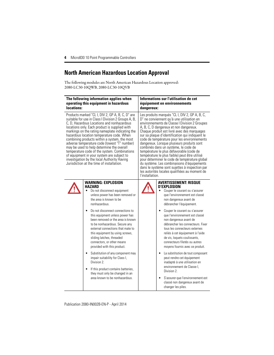 North american hazardous location approval | Rockwell Automation 2080-LC30-10QWB_10QVB Micro830 10 Point Programmable Controllers User Manual | Page 4 / 20