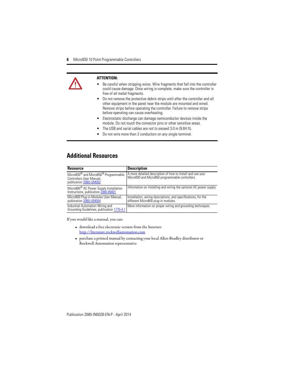 Additional resources | Rockwell Automation 2080-LC30-10QWB_10QVB Micro830 10 Point Programmable Controllers User Manual | Page 6 / 20