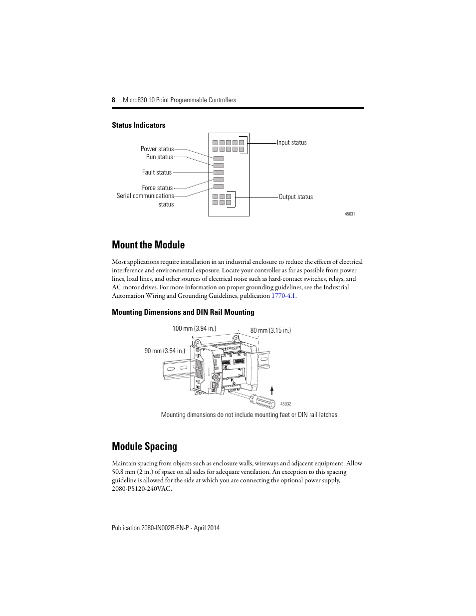 Mount the module, Module spacing, Status indicators | Rockwell Automation 2080-LC30-10QWB_10QVB Micro830 10 Point Programmable Controllers User Manual | Page 8 / 20