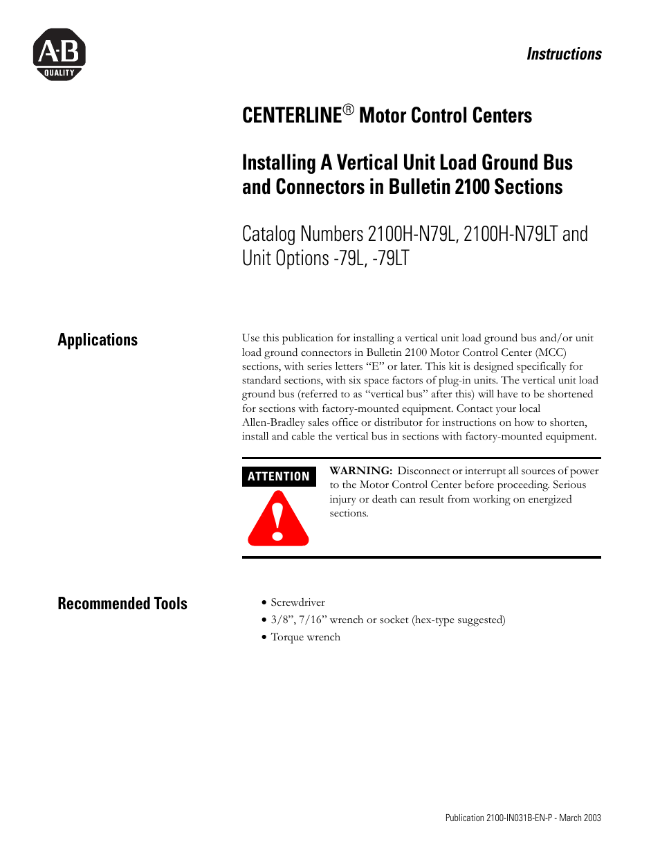 Rockwell Automation 2100 Installing Ground Bus and Connectors User Manual | 4 pages