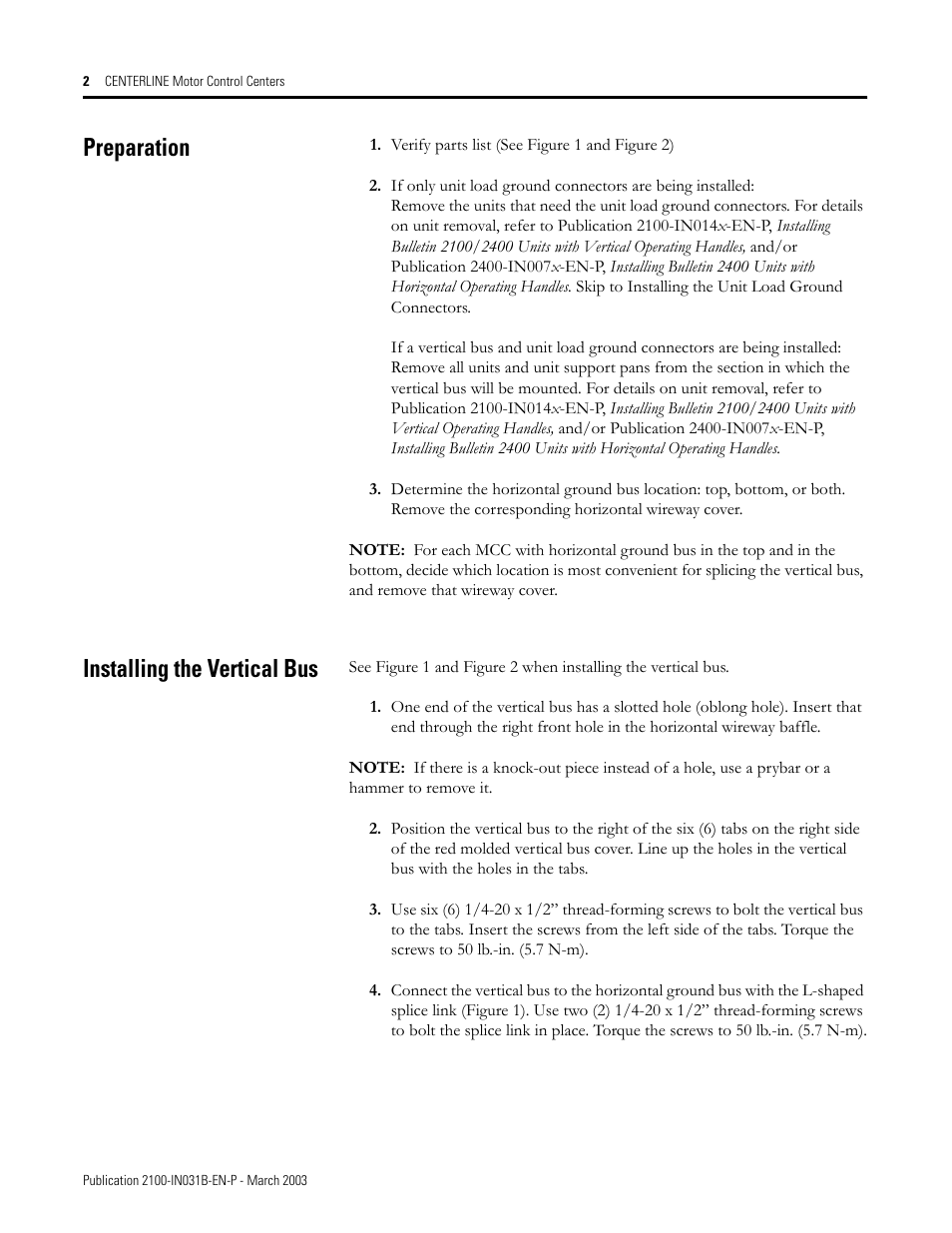 Preparation, Installing the vertical bus | Rockwell Automation 2100 Installing Ground Bus and Connectors User Manual | Page 2 / 4