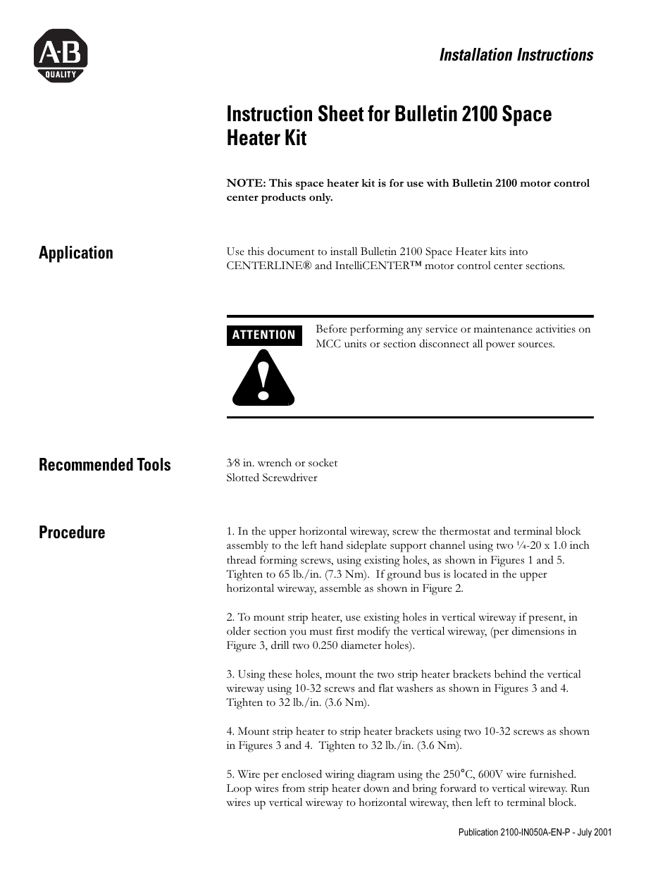 Rockwell Automation 2100 Space Heater Kit User Manual | 2 pages