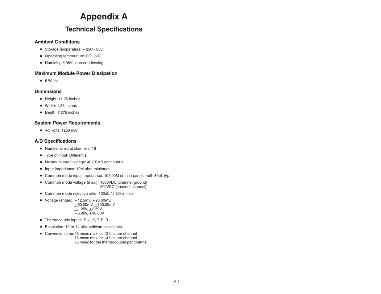 A technical specifications, Appendix a, Technical specifications | Rockwell Automation 61C613 16 Channel Analog Input Module User Manual | Page 31 / 52