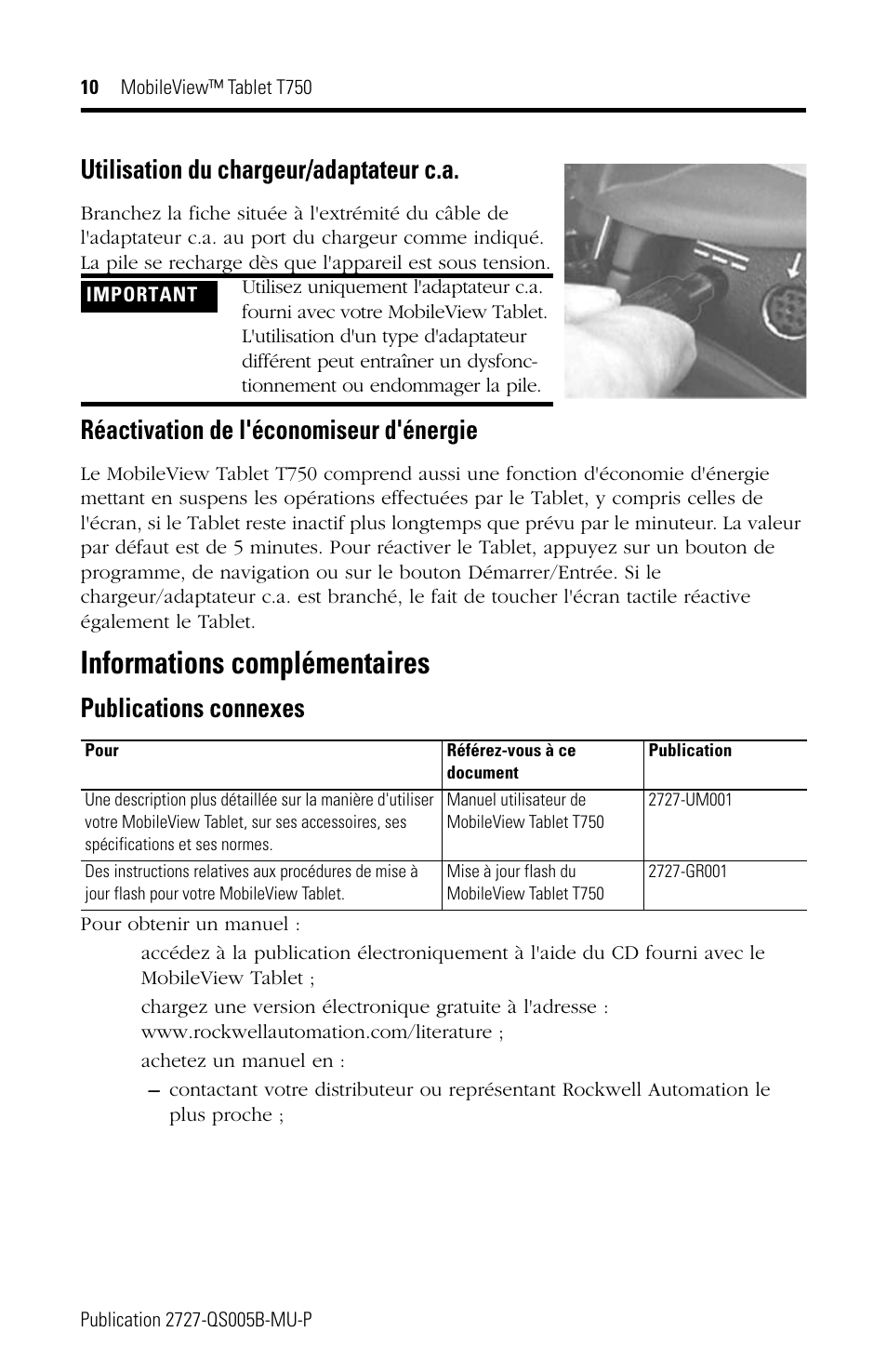 Informations complémentaires, Utilisation du chargeur/adaptateur c.a, Réactivation de l'économiseur d'énergie | Publications connexes | Rockwell Automation 2727-T7P30D1Fxx MobileView Tablet T750 Quick Start User Manual | Page 10 / 30