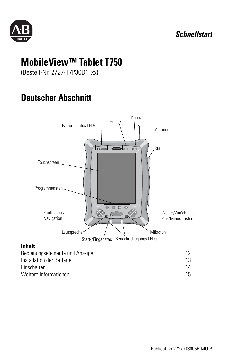 Deutscher abschnitt, Mobileview™ tablet t750, Schnellstart | Rockwell Automation 2727-T7P30D1Fxx MobileView Tablet T750 Quick Start User Manual | Page 11 / 30