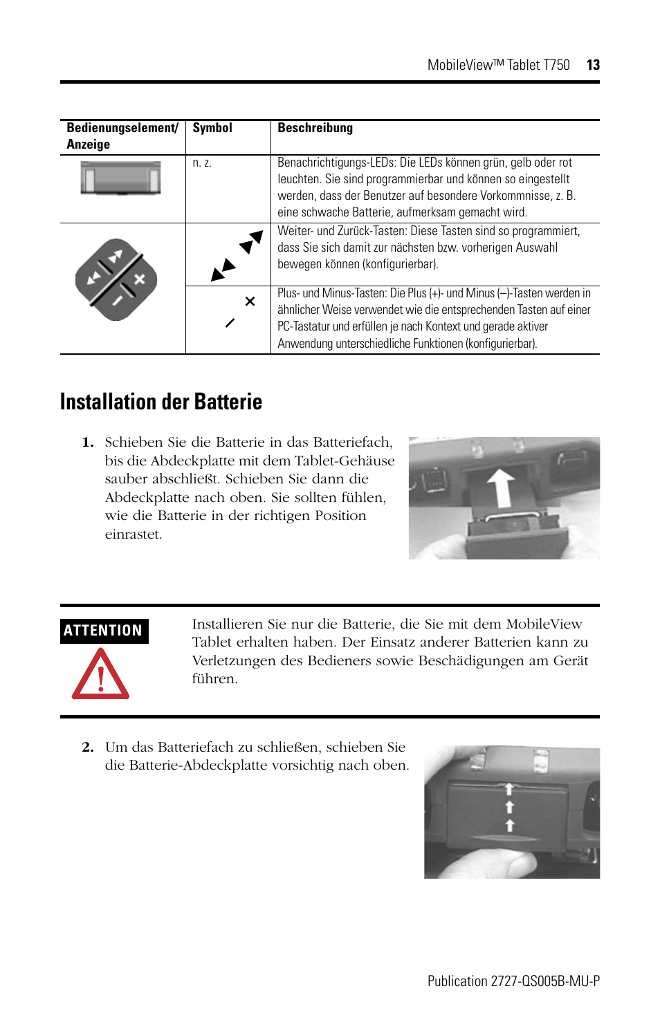 Installation der batterie | Rockwell Automation 2727-T7P30D1Fxx MobileView Tablet T750 Quick Start User Manual | Page 13 / 30